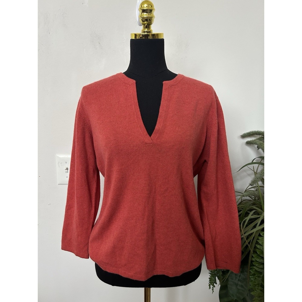 GRIFFEN 100% Cashmere Sweater Womens XL Orange V Neck Knit Cozy QuietLuxury Fall